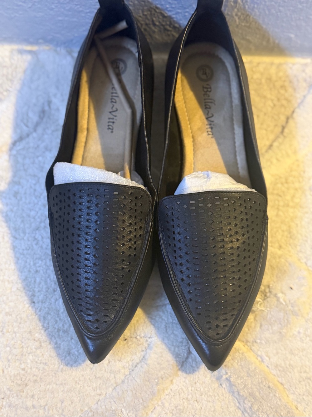 Bella Vita Black Pointed-Toe Perforated Flats